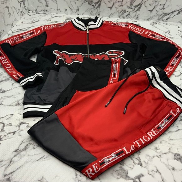 Men's Le Tigre GreyRedBlack Fleece Tracksuit Outfit Set NWT